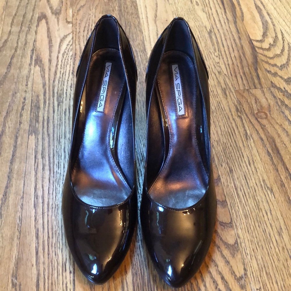 Via Spiga V-Etica Shimmery Brown Patent Stiletto Pumps